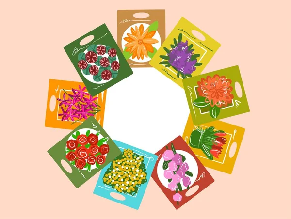 Ilustrace je barevná. Pytle květinových semen v kruhu s místem pro nápis. Světlý plakát na pohlednici pro váš design. — Stockový vektor