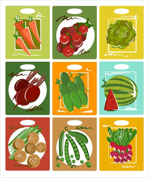 Een set illustraties van 9 stuks. Plantaardige zaden in een papieren zak. Heldere kleur schets. — Stockvector