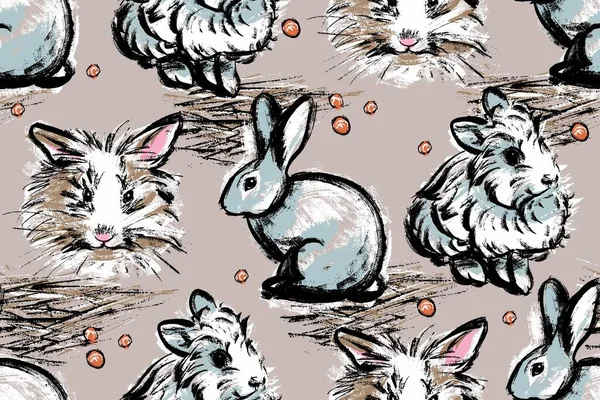 Seamless pattern. White rabbits on a beige background. Illustration in the style of a casual vintage sketch by hand.