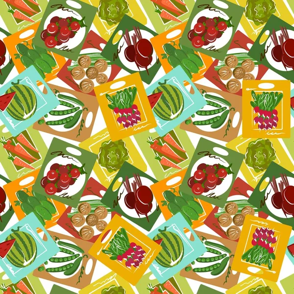 Patrón sin costuras. Semillas vegetales en un paquete. Fondo de primavera para la plantación de verduras. — Vector de stock