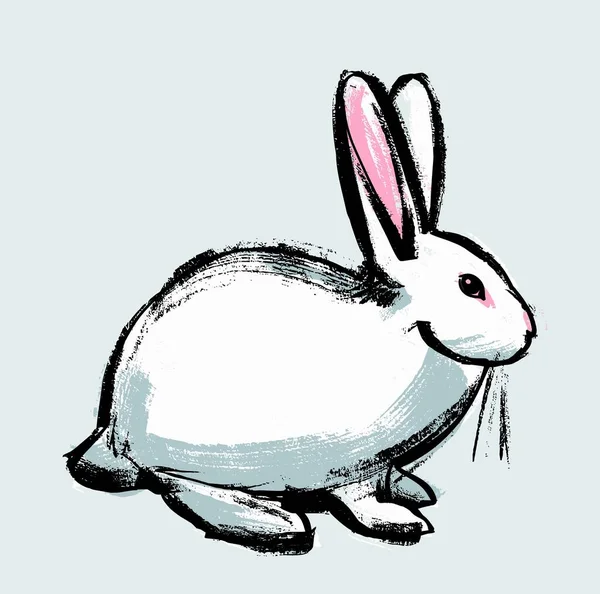 Illustratie. Een wit konijn op een geïsoleerde achtergrond. Tekenen in de stijl van een slordige retro schets met de hand. — Stockvector