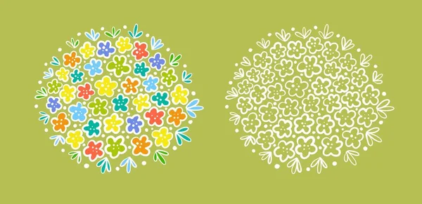 Preparado. Flores de primavera brancas e coloridas em um círculo. Estilo linear simples. — Vetor de Stock