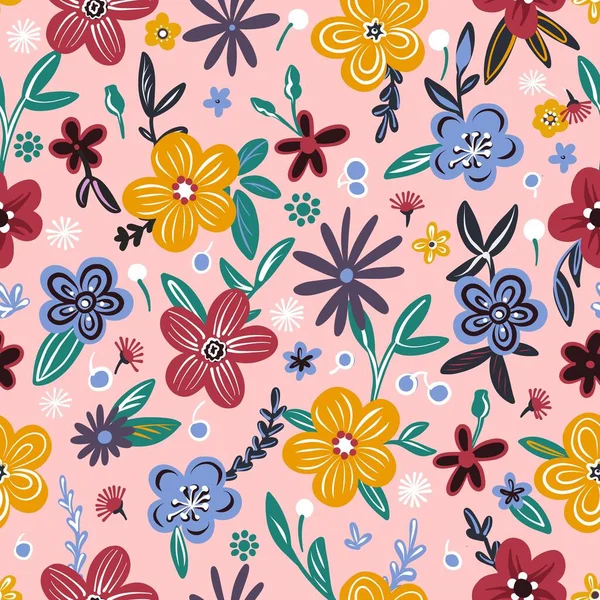Naadloos patroon. Handgetekende Artistieke Naïeve Bloemen zijn veelkleurig op een roze achtergrond. Gevlekte Floral Print. Vereenvoudigde heldere planten in het ornament. — Stockvector
