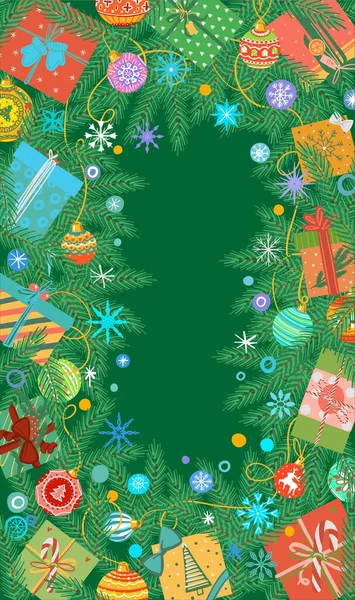 Christmas background in the form of a frame of Christmas tree branches, gifts, toys. Green New Year vertical banner. — Archivo Imágenes Vectoriales