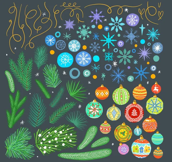 A large set of decorative elements for New Year and Christmas. Coniferous branches, toy balls, snowflakes and ribbons. — Archivo Imágenes Vectoriales