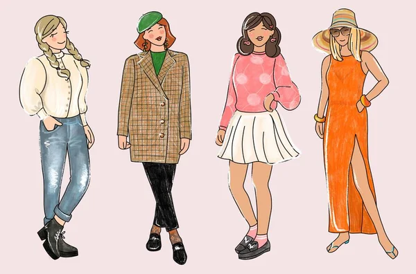 Un ensemble de filles en images à la mode. Illustration dans le style d'un croquis à la main. — Photo