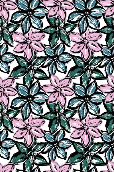 Patrón sin costuras. Pequeñas flores de margarita en rosa y verde. Flores texturizadas estilizadas. — Archivo Imágenes Vectoriales