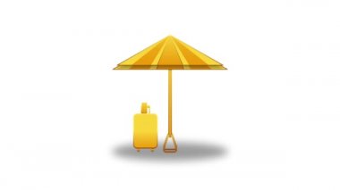Tatil çantası, şemsiye, sörf tahtası, kamera, kep ve gözlük beyaz arka planda izole edilmiş. Tatil, seyahat ve tatil için 3B döngü animasyonu.