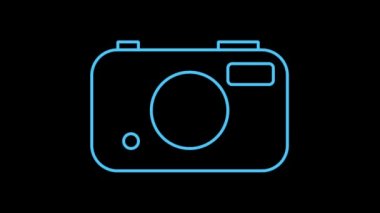 Kamera simgesi siyah arkaplanda, parlayan mavi neon ışığı ile izole edildi. Fotoğraf için döngü canlandırması.