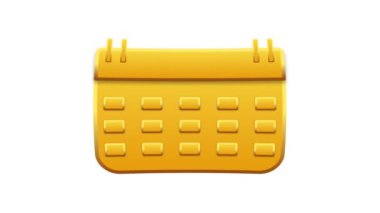 Sarı parlak takvim simgesi döngüsel sıkma etkisi beyaz arkaplanda izole edildi. Gündüz, hafta, ay, yıl ve tatil konsepti.