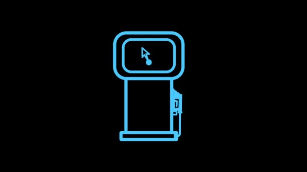 青いネオン輝く光の中でガソリンポンプやガソリンスタンドのアイコン 黒地に隔離されたガソリンスタンドの看板とシンボル — ストック動画