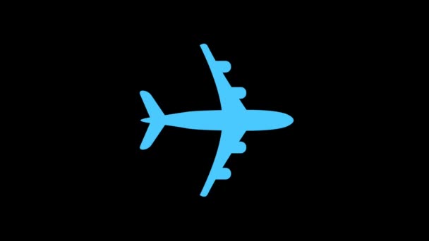 Icono Avión Símbolo Aislado Pantalla Negra Efecto Luz Brillante Azul — Vídeos de Stock