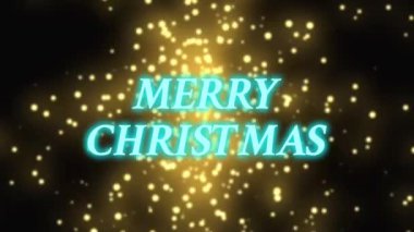 Koyu siyah arka planda izole edilmiş mavi ışıklı mutlu noel kelimesinin arkasında havai fişekler. Noel 'i dileme ve kutlama kavramı.