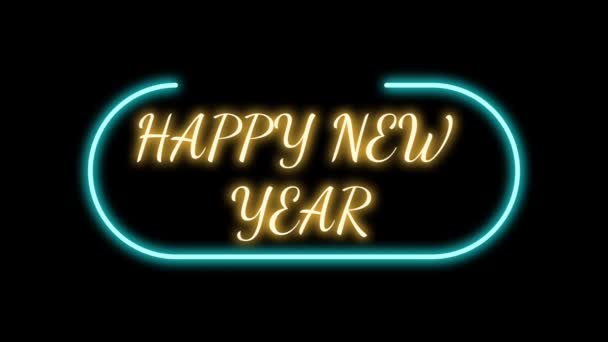 在黑色的背景上与金色和蓝色的霓虹灯隔离的新年祝福线 祝新年快乐4K动画 — 图库视频影像
