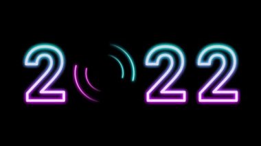 Yeni yıl 2022 mavi ve pembe parlak neon ışıklarıyla koyu siyah bir arkaplanı izole etti. Kusursuz yeni yıl animasyonu. Çekim için cazip bir yeni yıl.
