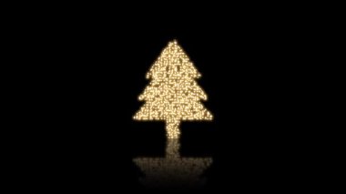 Koyu siyah arka planda izole edilmiş hareketli parçacıkları olan 3D altın parıldayan Noel ağacı. Kutlama, dilek ve selamlama kavramı