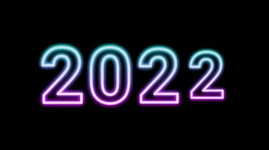 Yeni yıl 2022 siyah ve yeşil ekranda izole edilmiş dört farklı animasyon. Parlak mor ve mavi neon ışık.
