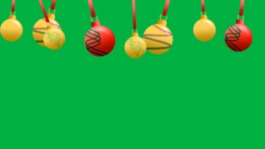 Yeşil ekranda 3 boyutlu Noel topları sallanıyor. Kutlama ve Xmas 'ı selamlama kavramı.