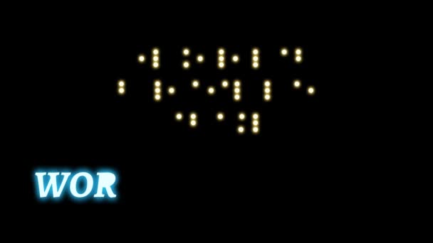 世界のアニメーションネオンカラーで光の記号と単語と黒の背景に隔離された点字の日 — ストック動画