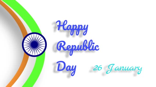 Republic Day 1月26日インドの国旗が白い背景に孤立した車輪の後ろに並んでいる — ストック動画