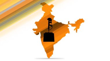 Hindistan haritasında hareket eden orenge ve yeşil çizgiler. Hindistan haritasının 3 boyutlu arka planı. Hindistan haritasında ordu şapkası ve silahı..