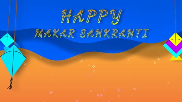 Glad Makar Sankranti Ord Isolerad Svängande Drakar Och Blå Flytande — Stockvideo