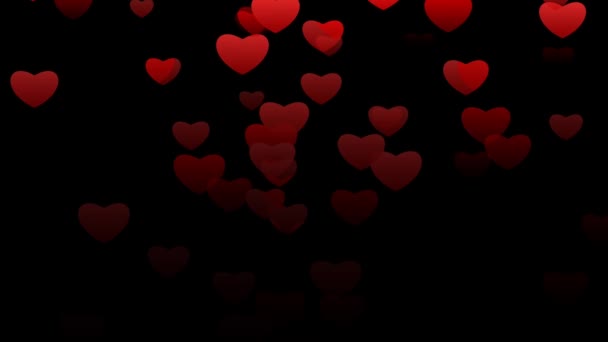 在黑色荧幕上的心脏动画中飘落 社交媒体和情人节缓慢的心雨动画 — 图库视频影像