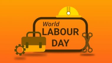 İşçi bayramı animasyonu, güvenlik kapağı, işçi kiti ve aletlerle korunan orenge rengi arka planda izole edildi. Kusursuz İşçi Günü animasyonu.