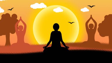 Üç farklı pozisyonda sabah yogası, güneş kuşları ve ağaç. Meditasyon, sağlık ve yaşam tarzı kavramı.