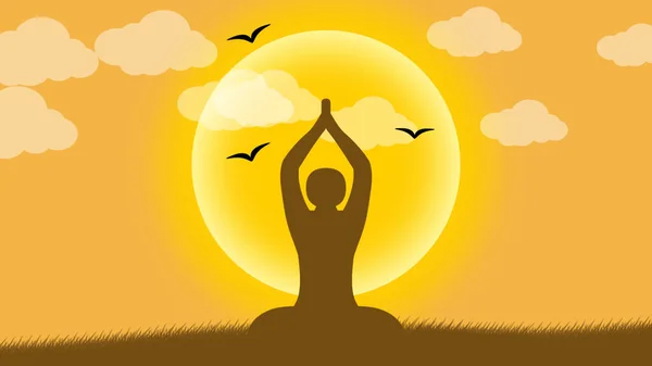 Morgens Yoga Position Illustration Mit Wolken Und Fliegenden Vögeln Konzept — Stockfoto