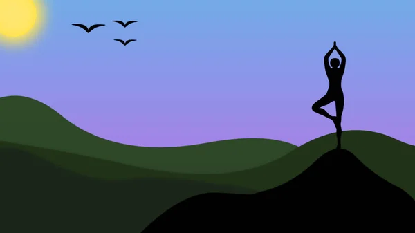 Der Mensch Beim Morgendlichen Yoga Auf Dem Berg Cartoon Animation — Stockfoto