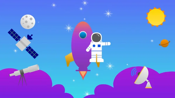 kid space background with rocket, moon, satellite and clouds.