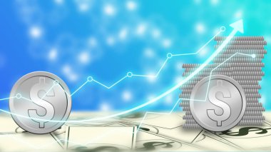 Dolar değerindeki grafikler mavi bulanık arka planda ve bozuk paralarla. Dünyada dolar oranı kavramı.