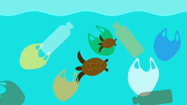 Two turtle passing through plastic bags and bottle in ocean. Concept for pollution, climate change, and reduce plastic use.