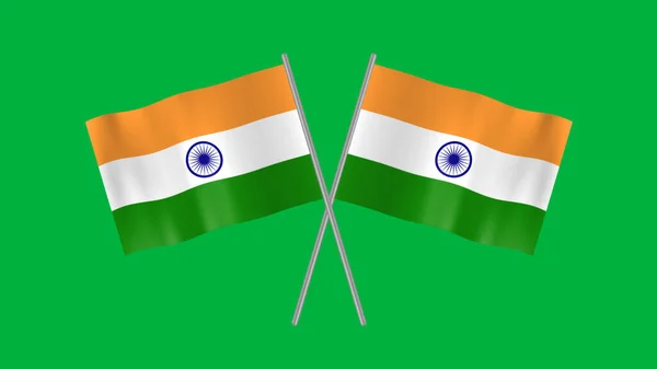 Crossed India Flag Isolated Green Screen Smooth Fabric Texture Concept — Stockfoto
