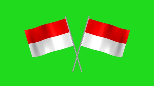 Waving Two Crossed Flag Indonesia Animation Steel Pole Isolated Green — Stock Photo, Image