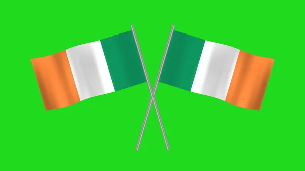 Δύο Σταυρωμένα Σημαία Της Ιρλανδίας Animation Χάλυβα Πόλο Απομονώνονται Πράσινη — Φωτογραφία Αρχείου