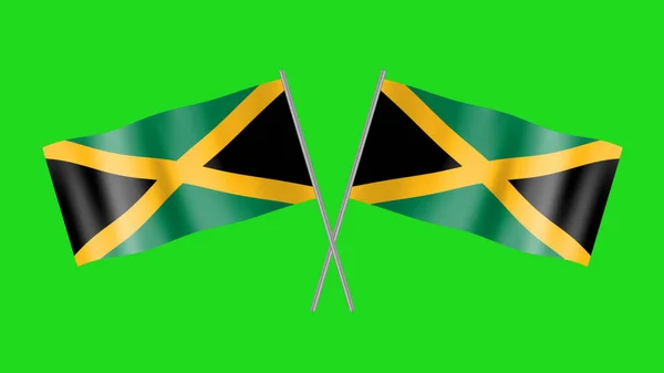 Mávání Dvěma Kříženými Vlajkami Jamajky Animace Ocelovou Tyčí Izolované Zelené — Stock fotografie