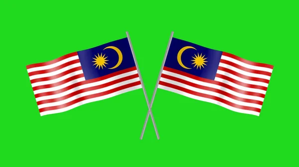 Waving Two Crossed Flag Malaysia Animation Steel Pole Isolated Green — Stock Photo, Image