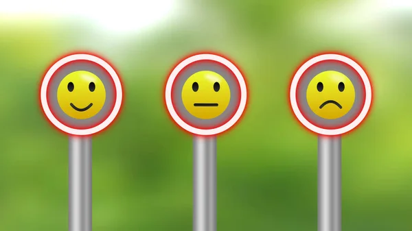 Drie Feedback Emoji Voorkant Van Groene Wazige Achtergrond Uithangbord — Stockfoto