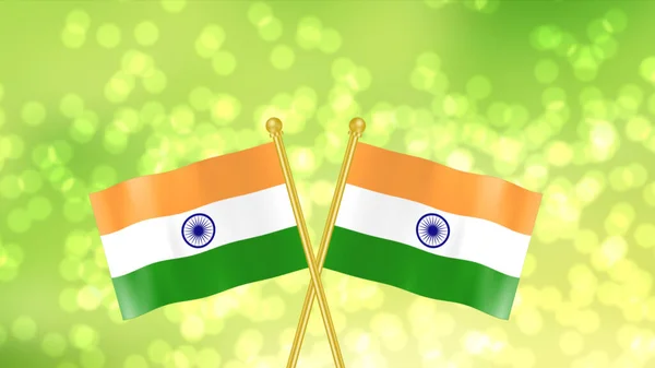Two Crossed Indian Flag Waving Green Blur Background Bright Circles — 스톡 사진