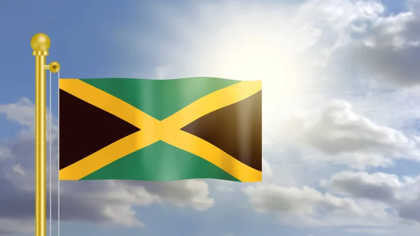 자메이카의 국기가 과밝은 앞에서 바람에 흔들리는 — 스톡 사진