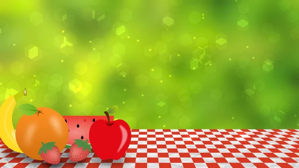 Apple Banana Watermelon Orenge Strawberry Picnic Cloth Green Blur Background — Stock Photo, Image