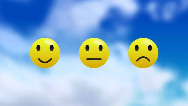 Τρεις Ανατροφοδότηση Και Κριτική Emoji Για Μπλε Εικόνα Animation Ουρανό — Φωτογραφία Αρχείου