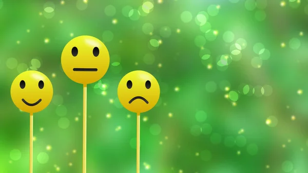 Drei Bewertungs Emojis Auf Grünem Unschärfe Hintergrund — Stockfoto