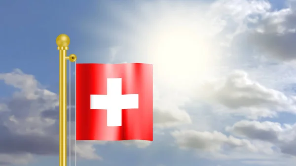 Flaga Szwajcarii Macha Wietrze Niebieskim Niebie Przed Jasnym Słońcem — Zdjęcie stockowe