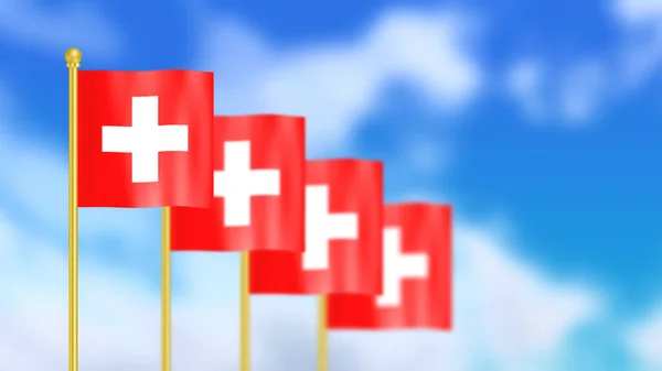 Cuatro Banderas Nacionales Suiza Ondeando Con Viento Enfocadas Primera Bandera —  Fotos de Stock