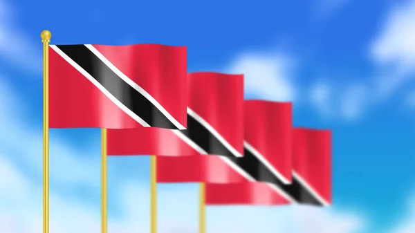 Čtyři Národní Vlajky Trinidadu Tobaga Vlnící Větru Zaměřené První Vlajku — Stock fotografie