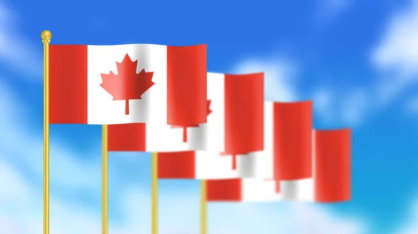 Čtyři Národní Vlajky Kanady Vlnící Větru Zaměřené První Vlajku Modré — Stock fotografie