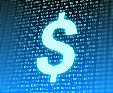 Dijital arkaplanda mavi dolar işareti var. Küresel pazarda yeni finans teknolojisi ve dolar oranı.